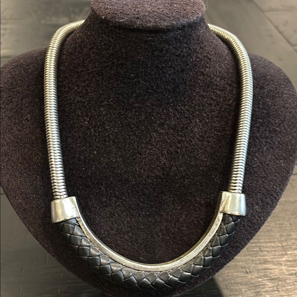 Silver and Black Leather Woven Necklace Edgy Classy